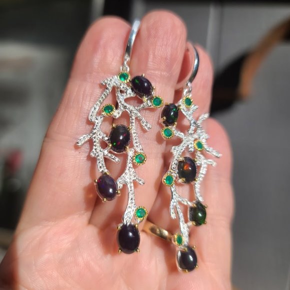 Black Opal & Crome diopside sterling & gold coral chandelier earrings - Picture 4 of 11